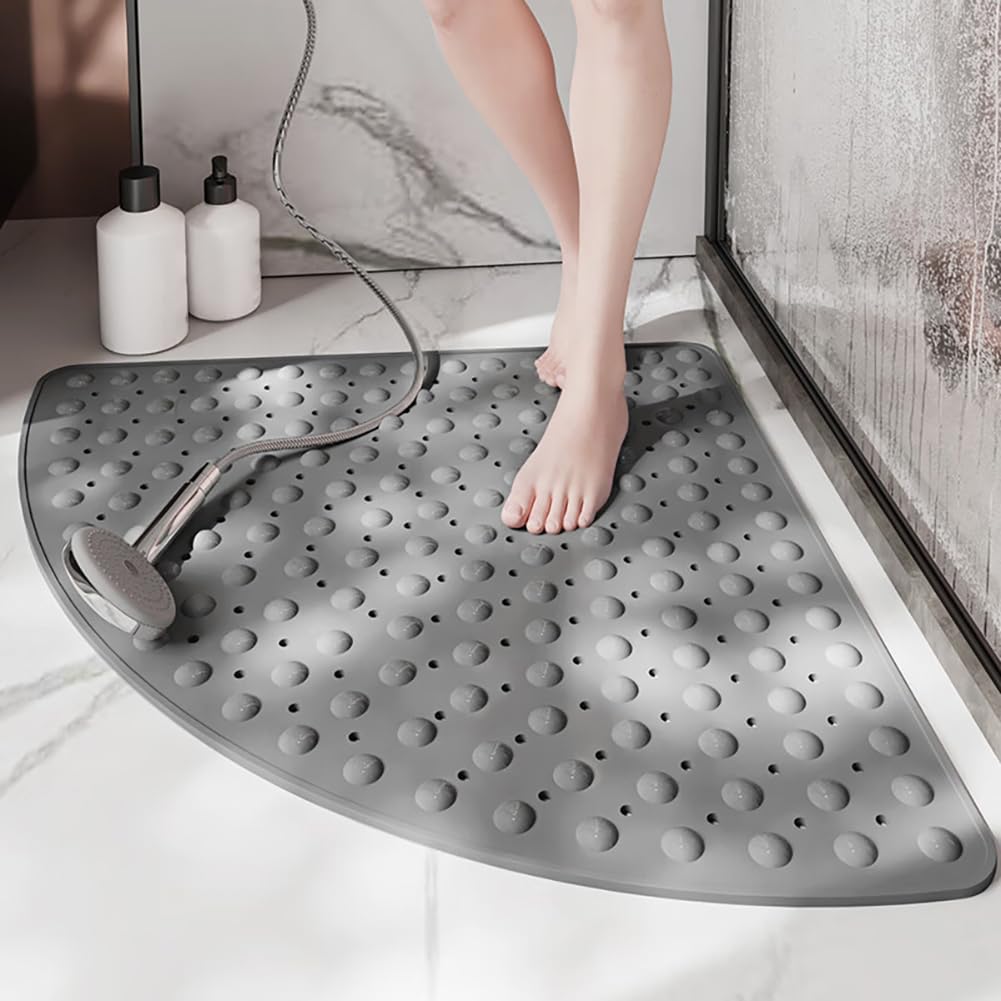 Tapis de Douche d'angle 80x80cm,Tapis de Douche Antidérapant Triangulaire(Gris)