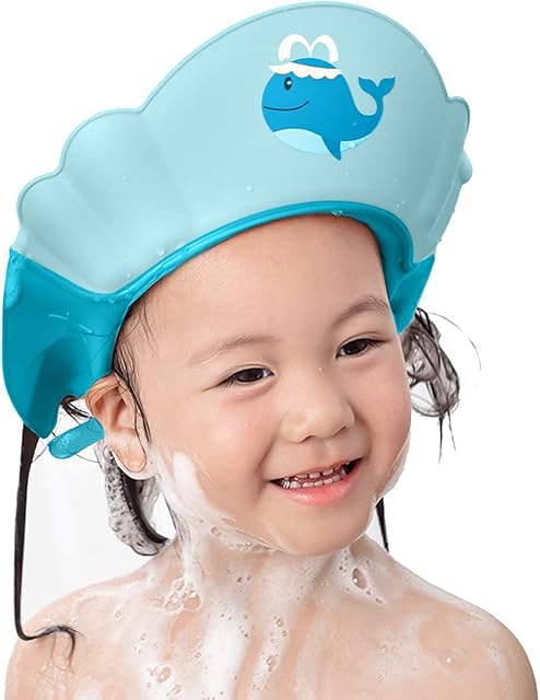 FUNUPUP Baby Shower Cap, Adjustable Kids Shampoo Shower Cap Hair Washing Shampoo Shield Baby Bath Visor for Eyes and Ears Protector (Blue)
