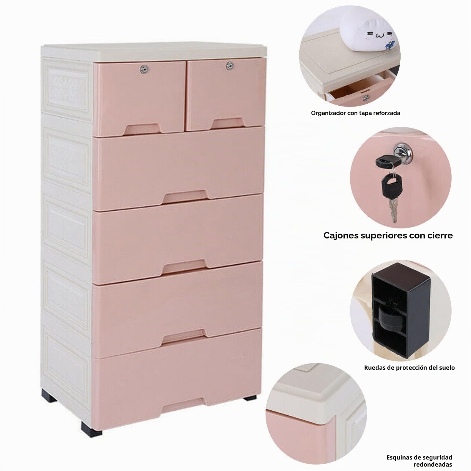 Torre de almacenamiento de plástico con 6 cajones y 4 ruedas, armario moderno para salón o dormitorio, 50 x 30 x 120 cm (ancho x prof. x alt.) (rosa)