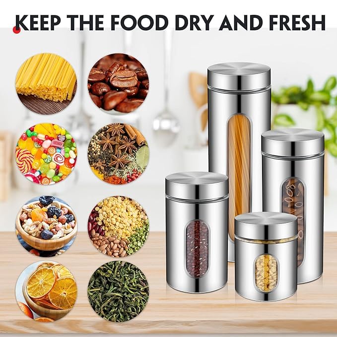 Image of Steel Glass Food Storage Airtight Tea Coffee Sugar Containers 850Ml,550Ml,350Ml For Kitchen Storage Container With Lid For Tea Coffee & Sugar,Dry Fruit Jars,Storage Box,Set Of 3 (3,Mt-4),Silver
