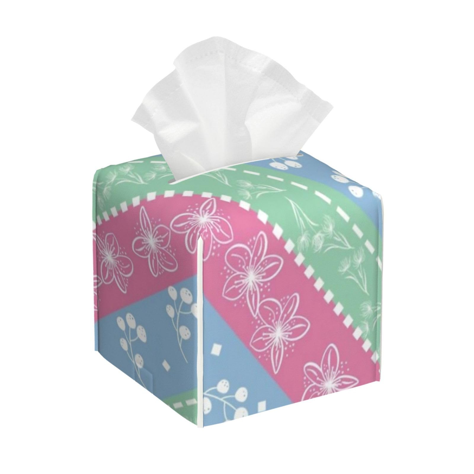 Cute Pastel Colors Pattern Tissue Box Cover 5" Square Leather Tissue Holder Facial Tissue Case for Tabletop Bedroom Bathroom Desk Decor