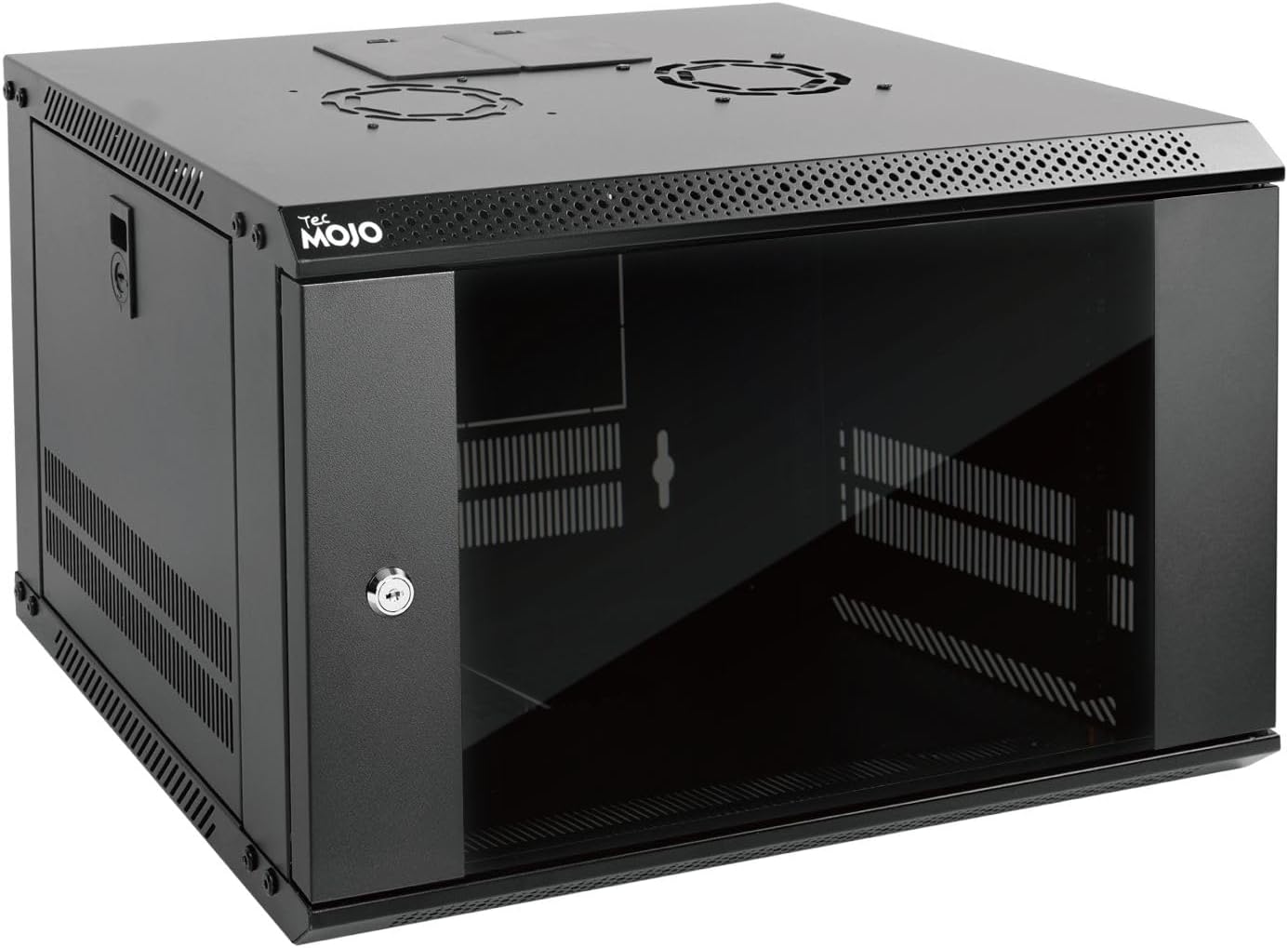 6U Wall Mount Server Cabinet IT Network Rack Enclosure Lockable Door and Side Panels Black, Cooling Fan, Standard Glass Door, 450mm Depth, for 19” IT Equipment, A/V Devices
