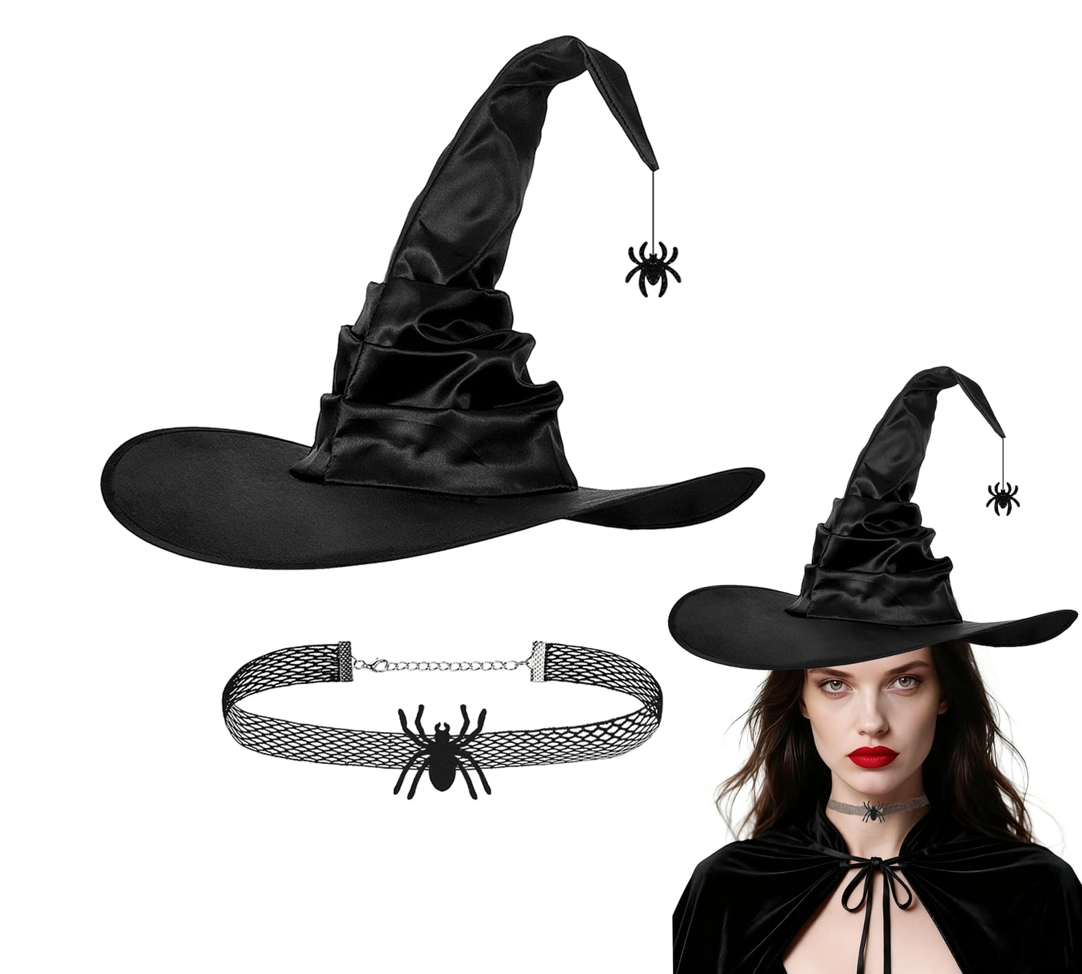 IBLUELOVER Spooky Witch Hat & Choker Set - Elegant Pointed Wizard Hat with Bat Pendant Necklace, Gothic Halloween Costume Accessories for Women, Cosplay Dress Up Party Props