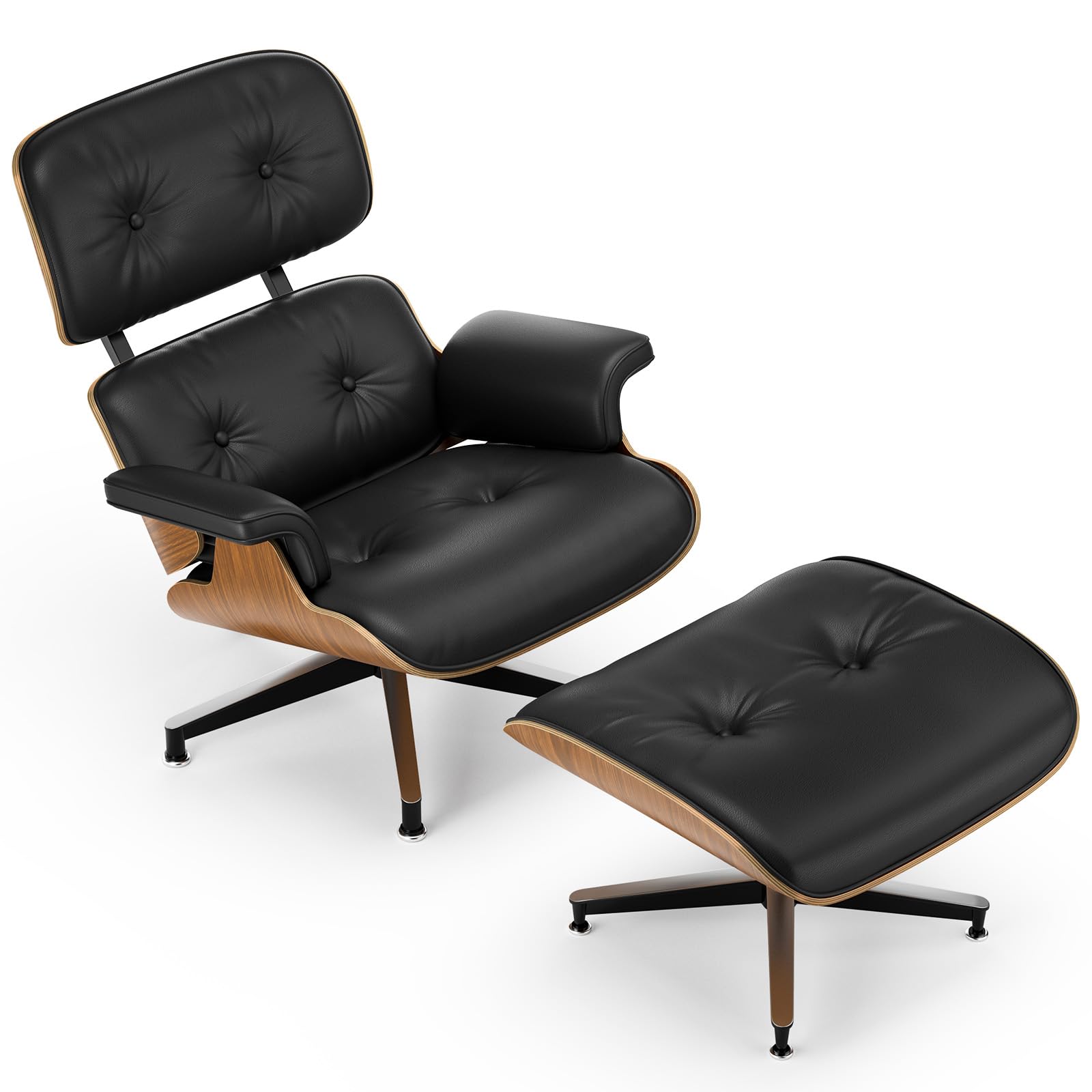 Top Black Grain Leather, Mid Century Chaise Lounge Chair and Ottoman, Modern Chair Classic Design, Walnut Wood, Heavy Duty Base Support for Living Room Office