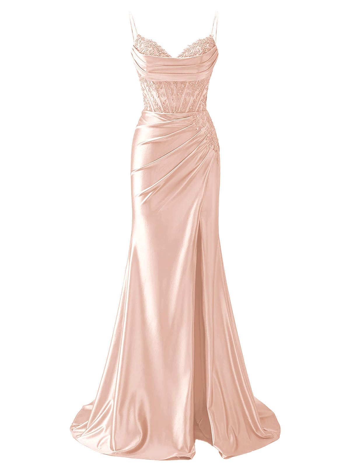 Hppee Women's Rose Gold Satin Prom Dresses With Slit For V Neck Spaghetti Strap Formal Party Dress With Lace Applique Uk8