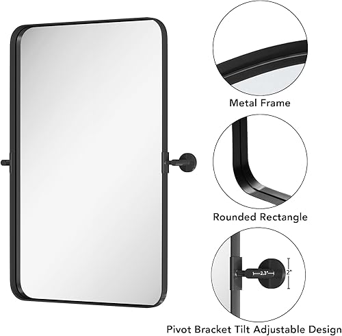 Miniatura 4 de Espejo de tocador pivote negro, espejo de baño de 18 x 28 pulgadas, espejo de pared rectangular grande inclinable para decoración moderna,