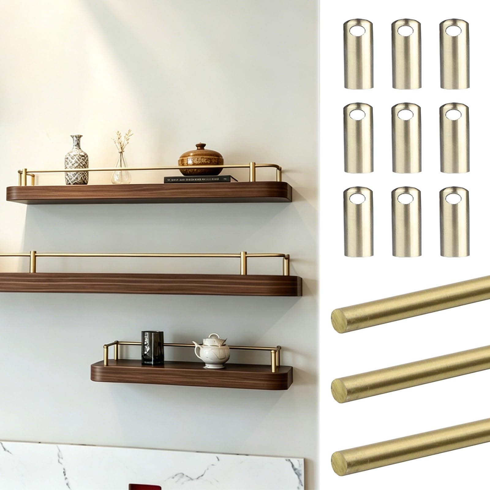 ERRULAN Set Of 3 Long Brass Shelf Rails for Shelves Decorative, Anti Fall Gallery/Kitchen Guardrail Bars, Minimalist Round Tube Barrier Rod(Style B,15in/38cm)