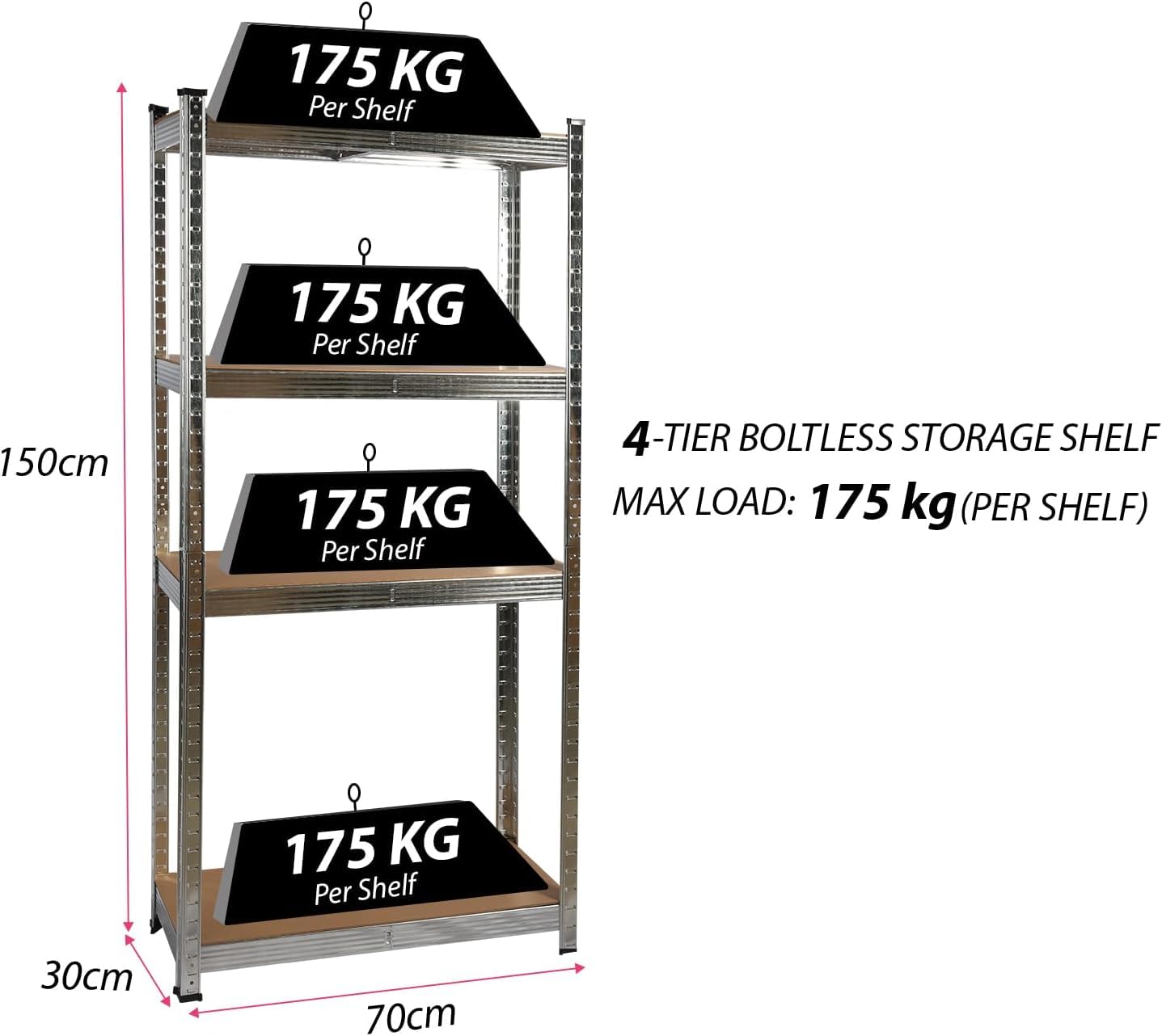 COZYBRITE Garagenregal, 4 Etagen, Robustes Schuppen, Lagerregal, Metall, schraubenlos, 175 kg pro Regal, 700 kg Tragkraft, für Lager, Werkstatt, Büro (90 x 45 x 180 cm) (2er-75x30x150 cm)