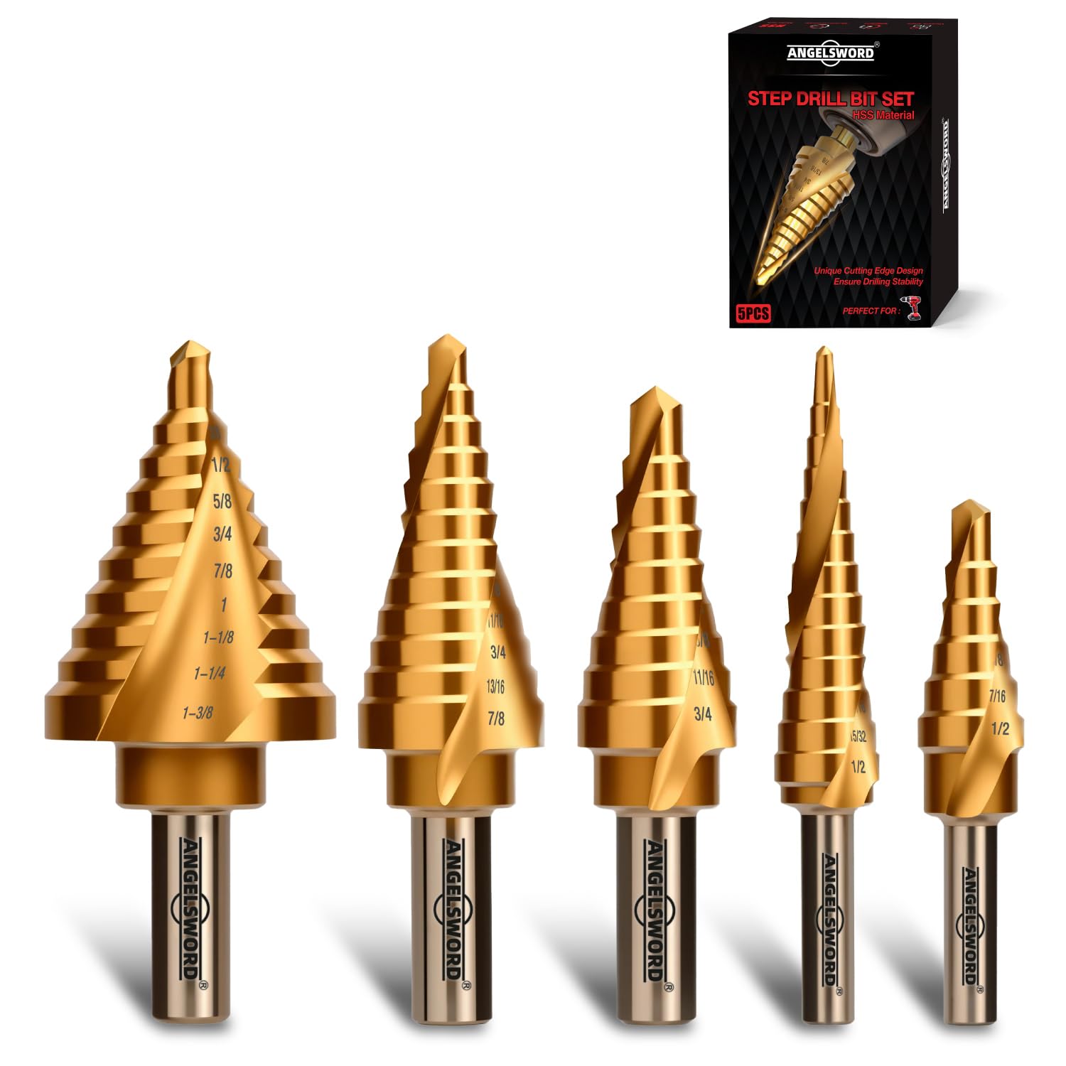 ANGELSWORD Wiertła stopniowe, 50 rozmiarów, 5 szt., spiralne, rowkowane, powlekane tytanem, zestaw wierteł stopniowych do plastiku, aluminium, miedzi, blachy, z aluminiową obudową