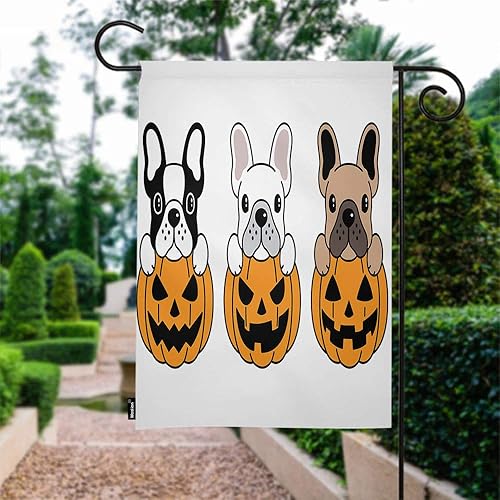 Miniatura 2 de Bandera de jardín de bulldog francés, calabaza, diseño de Halloween, lindo animal de caricatura, cachorro, carlino, verano, temporada, para jardín,