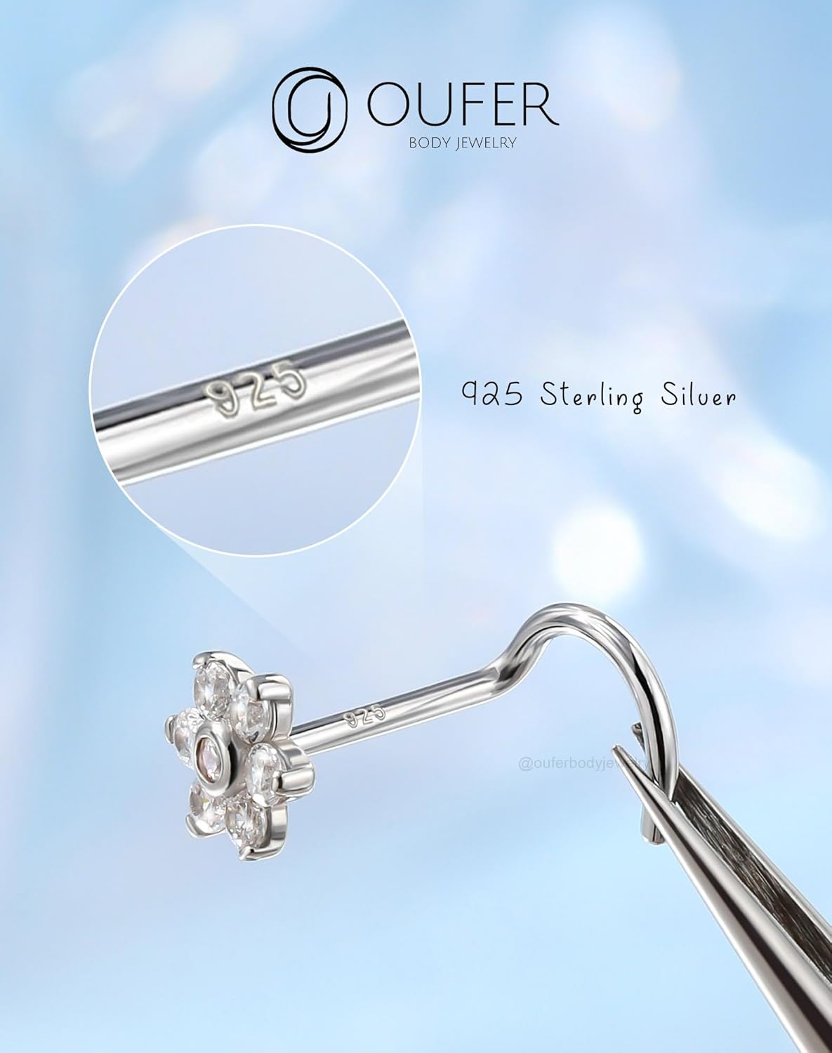 OUFER 925 Sterling Silver Nose Rings, Flower Nose Studs, Cute Nose Nostril Piercing Jewelry, Screw Shaped 20G Silver Nose Rings Studs for Women Men - Image 7