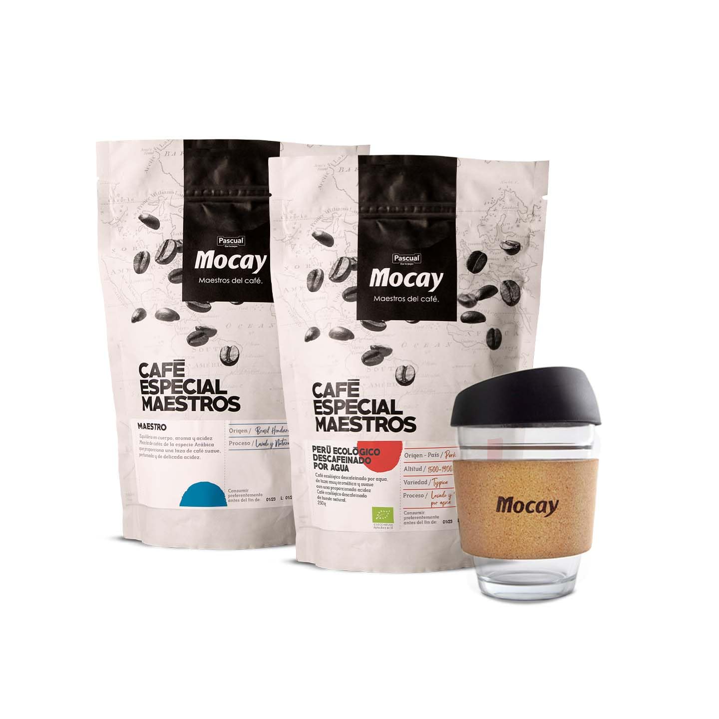 MOCAY - PACK OFICINA GRANO - Grano Maestro y Café Grano Ecológico Descafeinado + Vaso de Mocay de Regalo