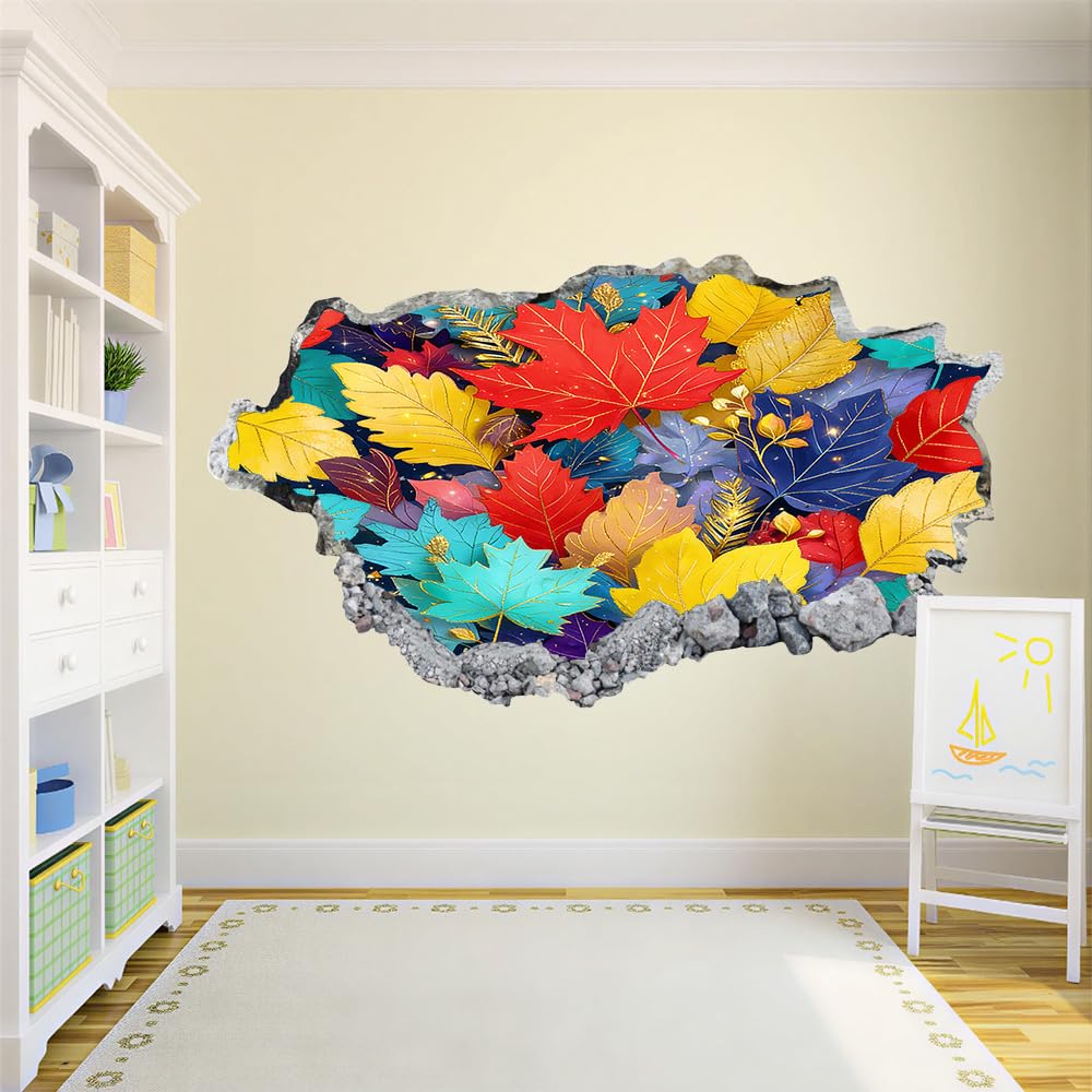 3D Wandtattoo Wanddurchbruch, Ahornblätter Durchbruch Wandaufkleber für Kinderzimmer, sticker für Wohnzimmer, Bunte Blätter Wandsticker, Wandbild Junge Mädchen Schlafzimmer