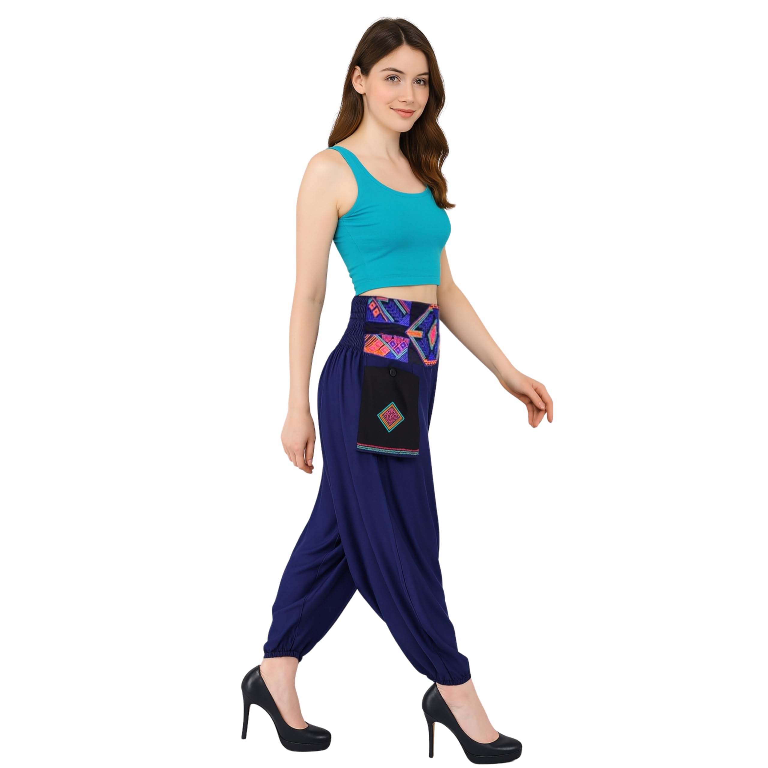 LUJOSO Harem Pants for Women | Stylish Afghani Salwar | Women's Rayon Fabric Pants Loose Fit for Yoga & Dancing | Waist Size 22 to 42 Inches, Free Size (in, Alpha, L, Regular, Blue) 2