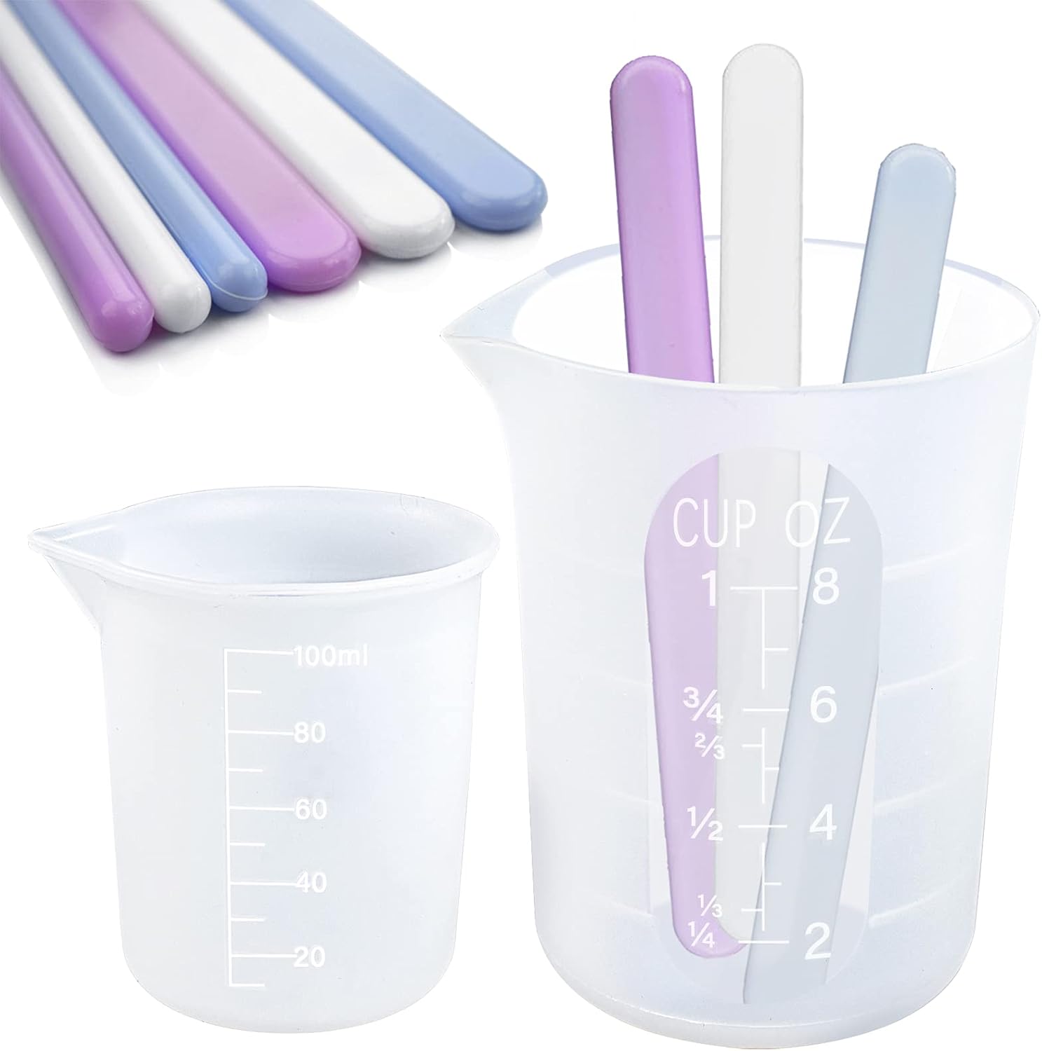 FUNSHOWCASE Silicone Measuring Cup 250ml 8oz and 100ml 3.4oz with Rubber Stirs Sticks Sizes Assortment Resin Casting Kit Set Pack of 8