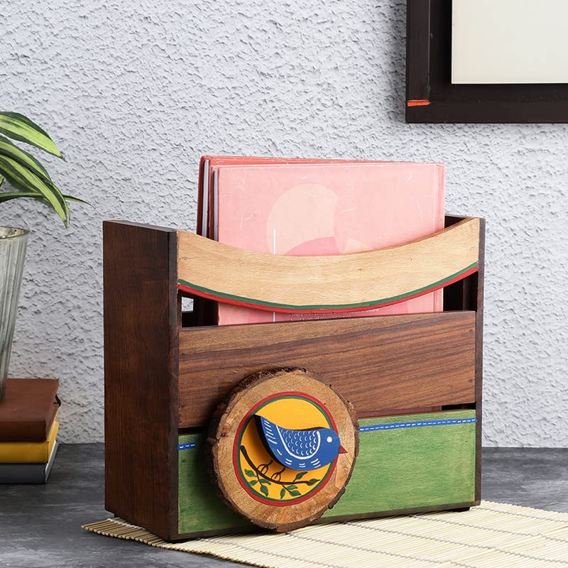 VarEesha Handcrafted 'Neel Blue Bird' Decorative Magazine/Newspaper Wooden Holder for Home and Office | Sheesham Wood Table Top Magazine Stand for Organising, Home Decor, Office & Gifts