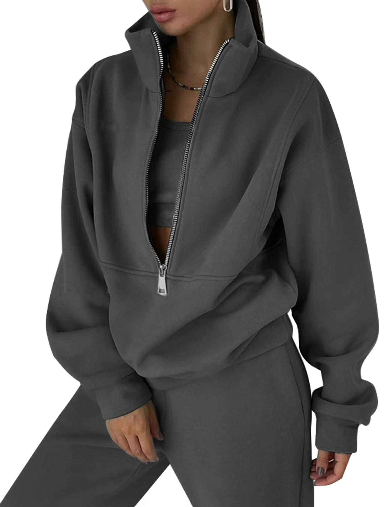 Kissonic Womens Fleece 2 Piece Outfits Sweatsuit Half Zip Pullover Sweatshirt Joggers Pants Tracksuit Set