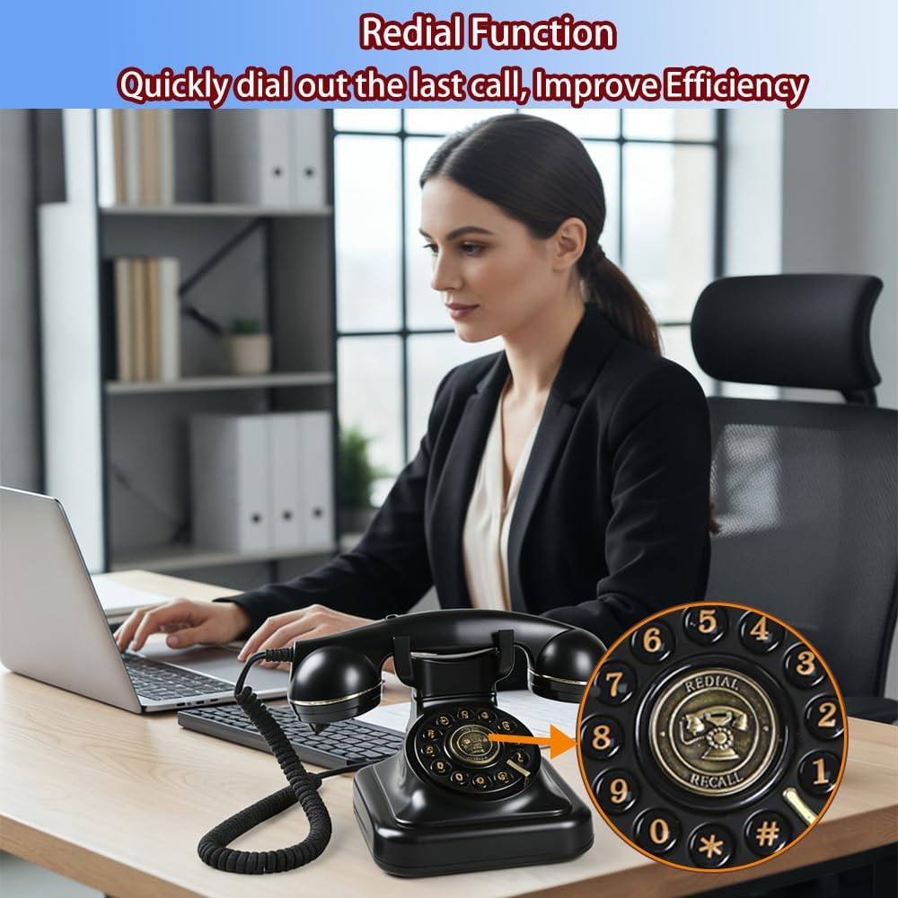 1930s Retro Landline Phone Redial,Old Landline Telephone Hearing Aid Compatible,Antique Telephone,Vintage Corded Desk Phone,Retro Push Button Phone Tangle Free Cord for Home, Office, Black