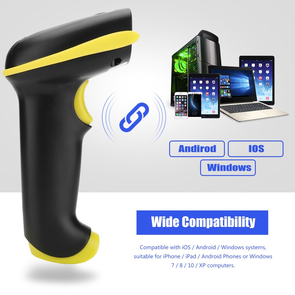 ciciglow Lettore Scanner, Scanner di Codici a Barre Wireless Portatile modalità di Connessione Doppia da 2,4 GHz Alta Sensibilità per Magazzino, Supermercato, Hotel e Altro(Giallo)