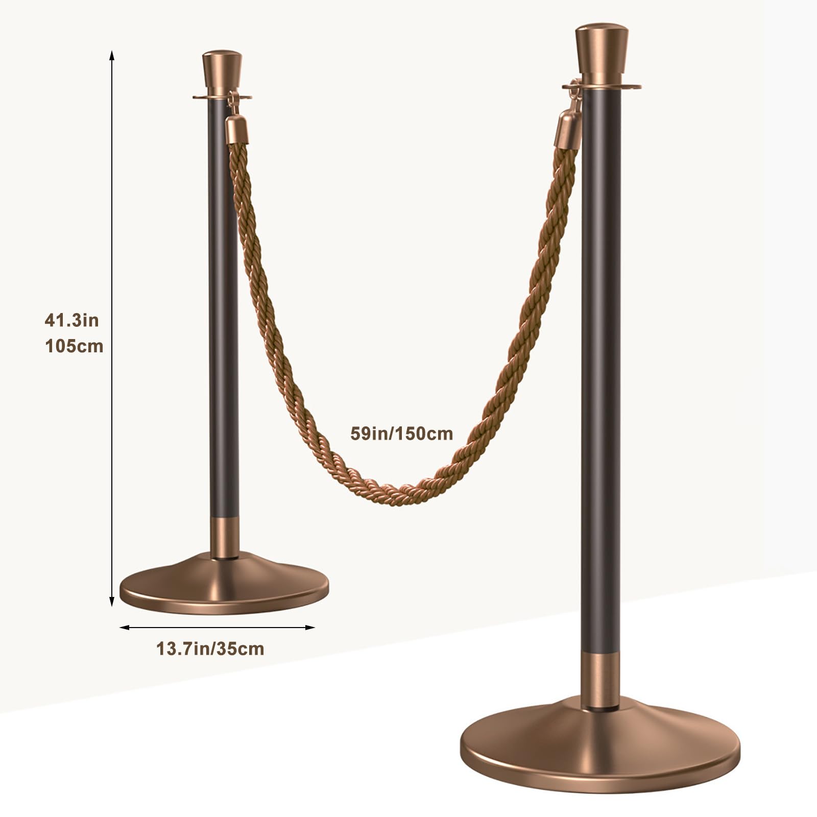 Lot de 2 Poteaux de Guidage avec Corde en Chanvre 1,5 m, Barrière de File avec Base Lestée pour Mariages, Hôtels, Tapis Rouge, Événements brown