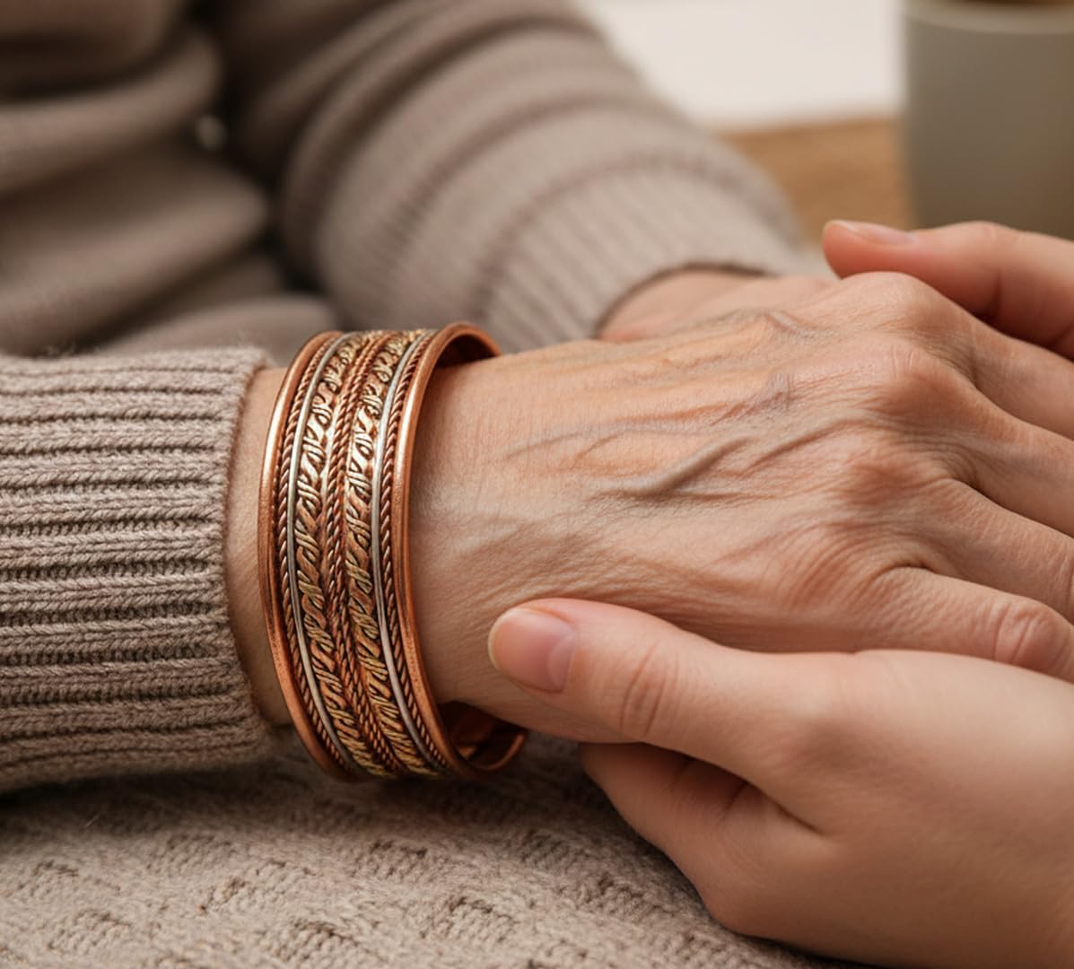 Touchstone Copper magnetic healing bracelet Tibetan style. Hand forged with solid and high gauge pure copper. Set of 4 different designs in 3 metals