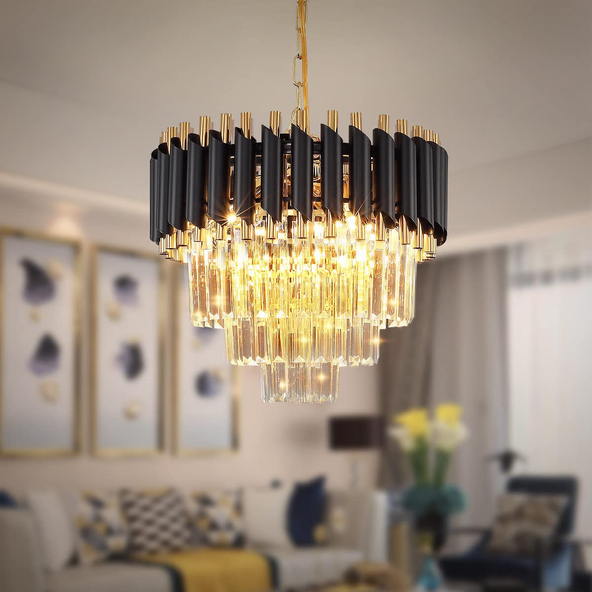 HYJAUSXB Modern Crystal Chandelier Black and Gold Chandeliers 3-Tier Round Pendant Light for Dining Room Bedroom Living Foyer,E14*4 Lights Ø40cm