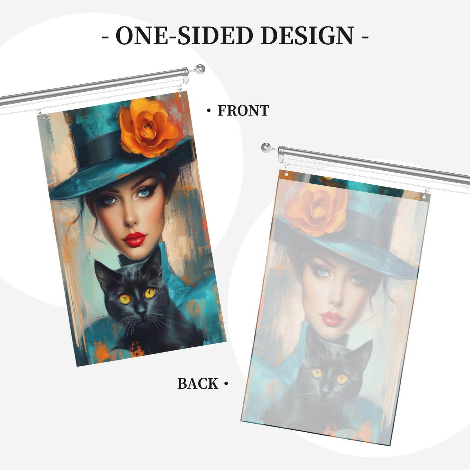 Woman In Blue Turquoise Hat Black Cat Yard House Flags,3x5 Ft Season Greeting Banner With Grommets Indoor Outdoor Party Home Decorations