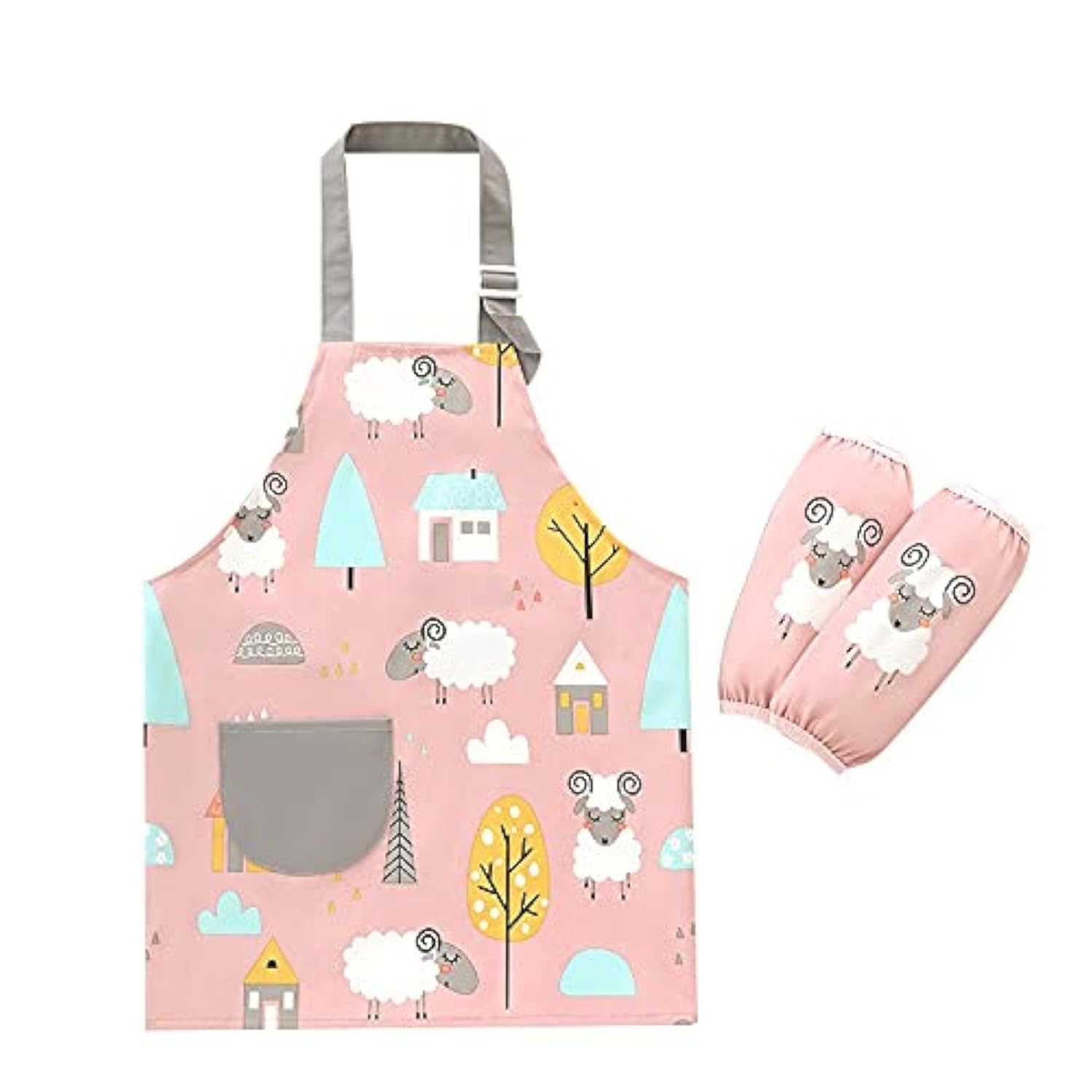 JZK Juego Delantal ajustable impermeable para niños y mangas largas, delantal cocina rosa para niños con bolsillo para niña para cocinar escuela, repostería, pintar, delantal jardinería