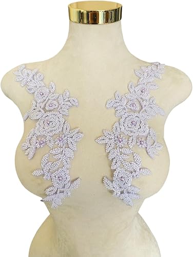 Vista 44 de PLune Apliques de encaje con cuentas, parches perfectos para vestidos de boda, accesorios de ropa, un par/bolsa, 5.5 x 12.9 pulgadas (blanco)