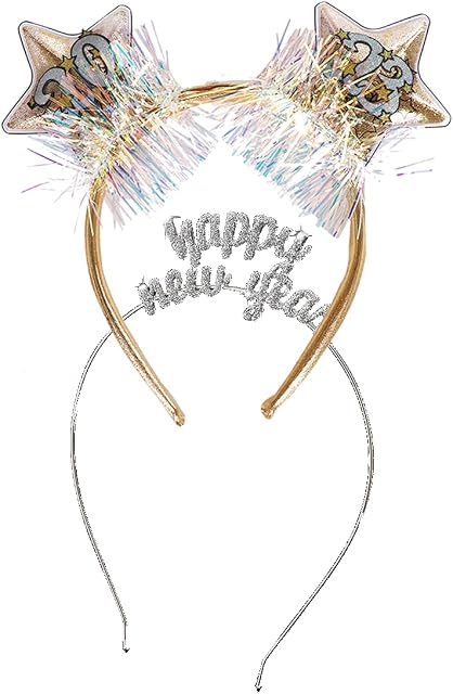 Dusenly 2pcs Happy New Year Hair Hoop Headdress 2023 Headband Tiara and Silver Rhinestone Sparkly New Year Tiara Headband Cute Pentagram Hair Hoops New Year's Eve Party Hair Accessories Supplies
