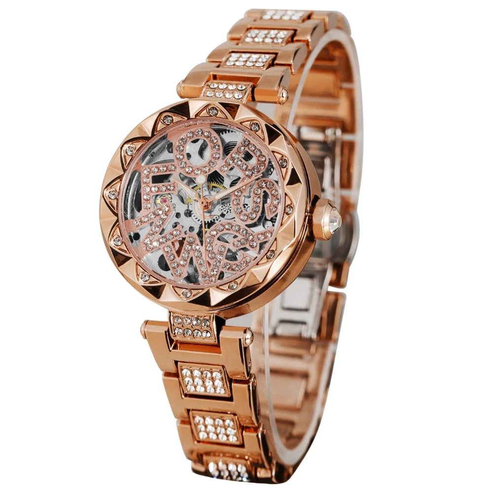 Bling strass scava fuori orologio meccanico automatico per le signore unico scheletro design impermeabile in acciaio inossidabile donne eleganti orologi diamante