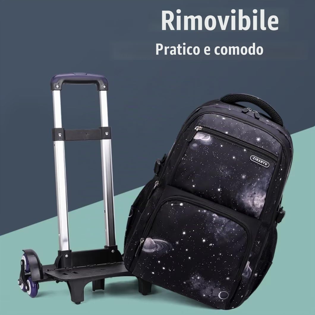 Zaino Trolley Scuola 3 in 1 Con Ruote, Borsa per il Pranzo e Sacchetto Portapenne per Ragazzi (Galassia Blu)