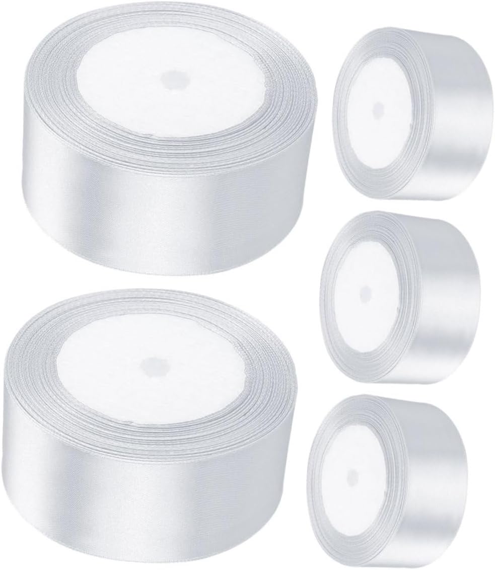 5 Rolls White Satin Ribbon for Wrapping and DIY Crafts Polyester Present Ribbon for Wedding Christmas Party Decorations Easy to Cut and Curl for Hair Bows and Balloon Ties