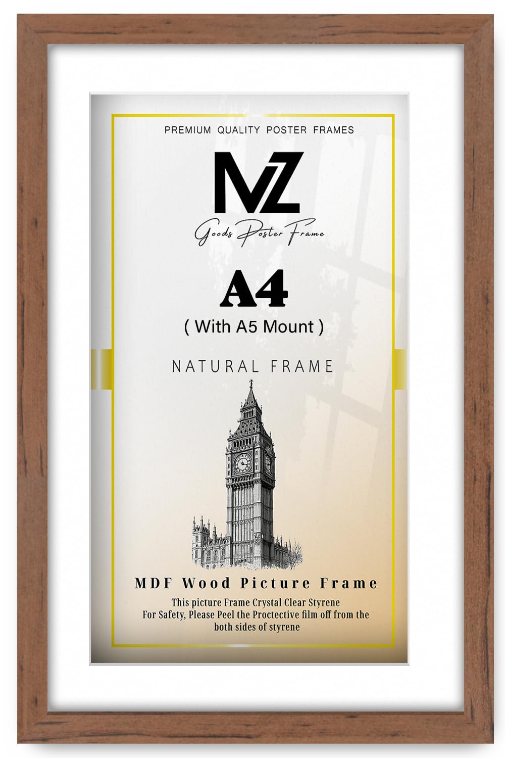 MZ GOODS | MDF Engineered Wood Picture Frame A4 (21.00 x 29.70 cm) With A5 (210 x 148 mm) White Mount Wall Hanging | 8 x 11 Inch Movie Posters, Film Artwork, Decorative Frame [ Walnut ]