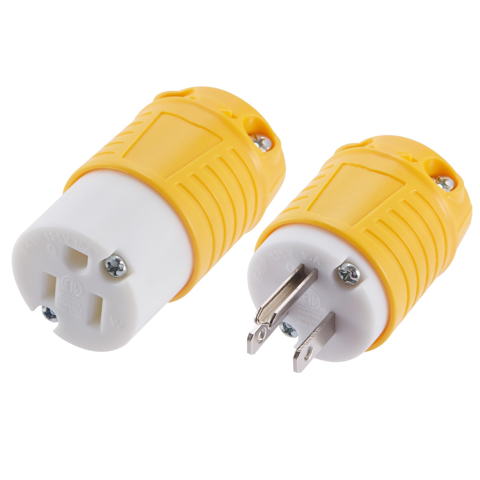 Extension Cord Ends Male and Female 1 Set, 15 Amp 125 Volt NEMA 5-15 Heavy Duty Replacement Plug and Connector Set, 2P 3W Industrial Grade 3-Prong Straight Blade Grounding Type, ETL Listed