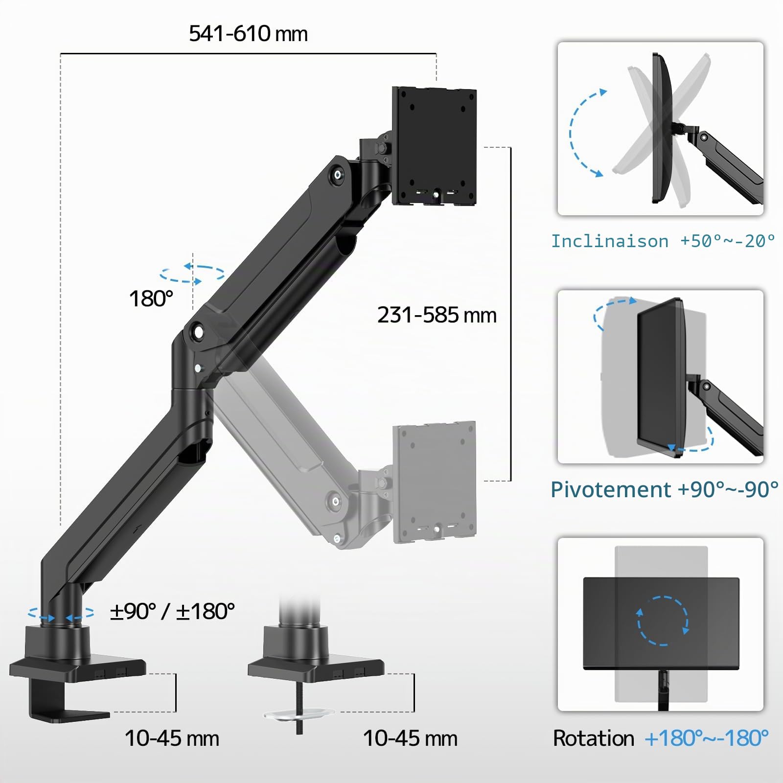 PUTORSEN 17-49 Pouces Support d'écran, Max 20 KG, Aluminium, VESA 75x75/100x100 mm, Gaz Spring