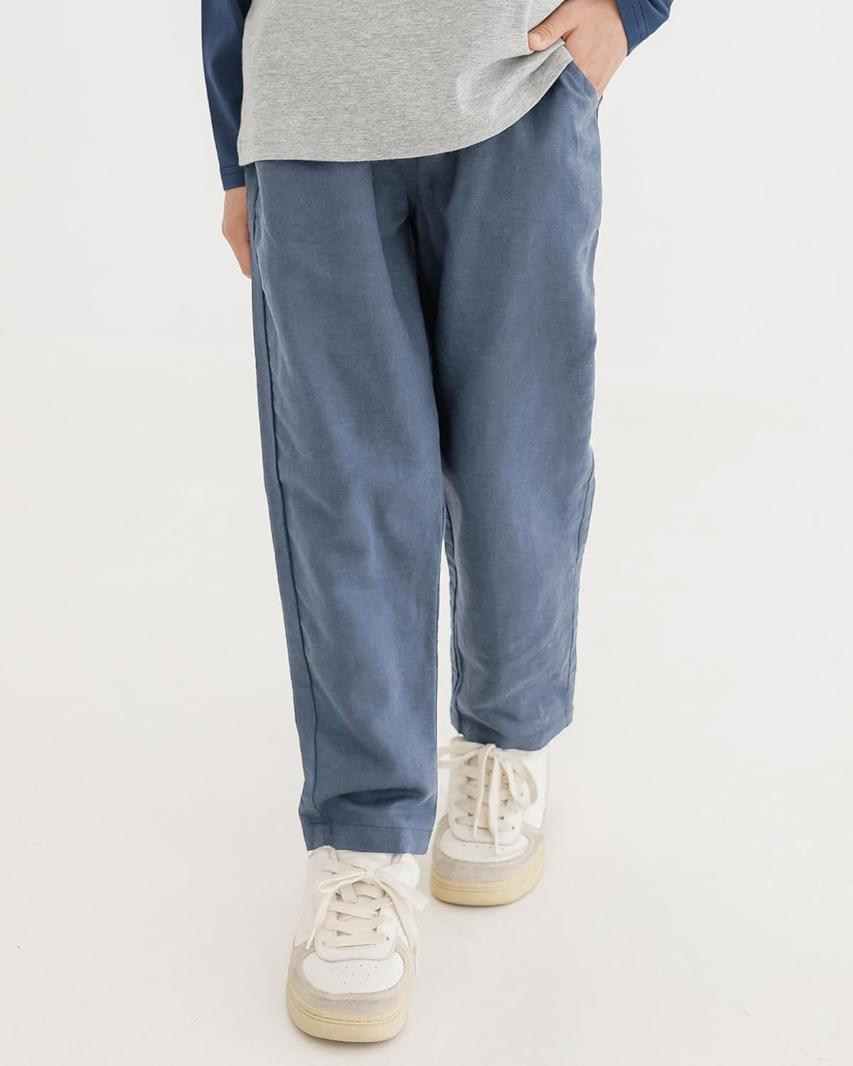 CUNYI Boys Linen Pants Lightweight Breathable Beach Pants Pull-on Casual Outfits with Elastic Waist, Dark Blue 170 - Image 2