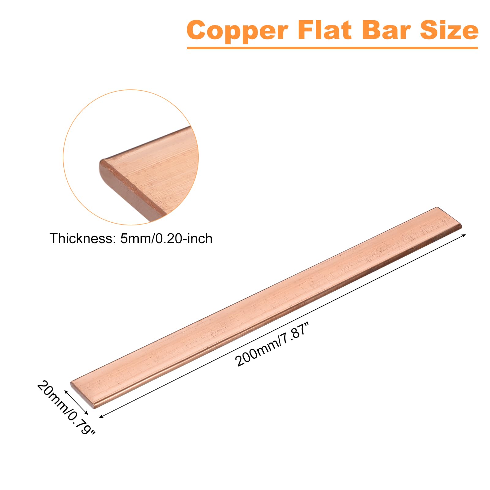 sourcing map Barre plate en cuivre, 0,5 cm d'épaisseur x 2 cm de largeur x 20 cm de long pour barre omnibus électrique (5 mm x 20 mm x 200 mm)
