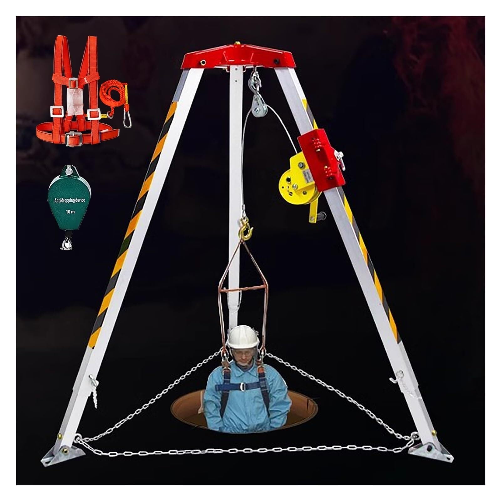 Kit treppiede per Soccorso Stradale, Sistema di Corde di Soccorso Regolabile per spazi confinati, per Soccorso in Pozzi Profondi/Pulizia fognature/Riparazione Tubi, con Protezione