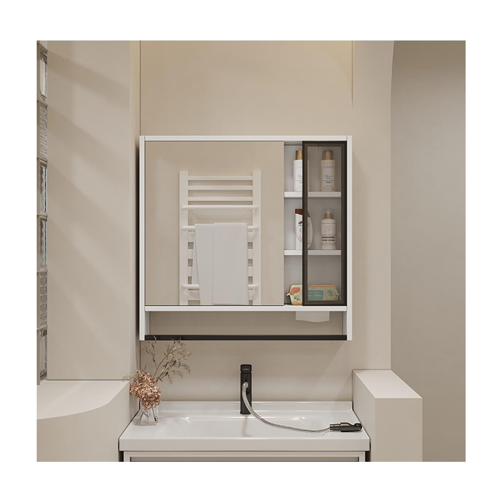 Armadietto da bagno bianco a specchio, 60 cm, eccezionale spazio Sto Space, multi livello, comodo porta fazzoletti, design salvaspazio per bagni moderni.
