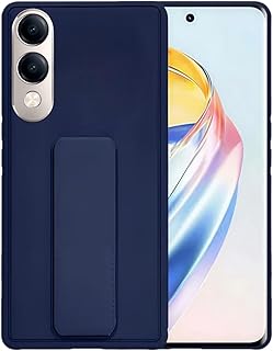 Back Cover Magnetic Car Holder Soft Silicone Horizontal & Vertical Kickstand Cover Wrist Strap Full Protection Anti-Fingerprint (Blue, For Vivo Y04)