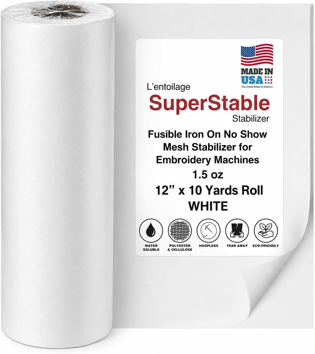 Superpunch Fusible Iron On No Show Mesh Embroidery Stabilizer, 12" x 10 yd Roll, 1.5 oz Lightweight White Backing for Machine Embroidery, T-Shirts, Knits and Applique, Made in USA