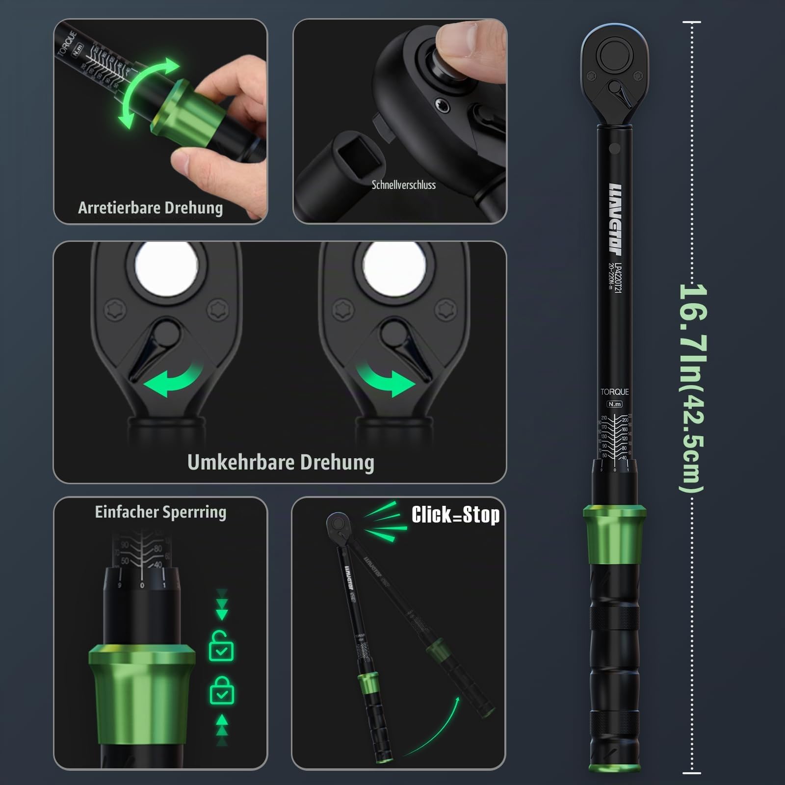 1/2" Drehmomentschlüssel Auto, 20-220Nm Drehmomentschlüssel 1/2 Zoll, ±3% Fehlergenauigkeit, 72 Zähne Umschaltknarre