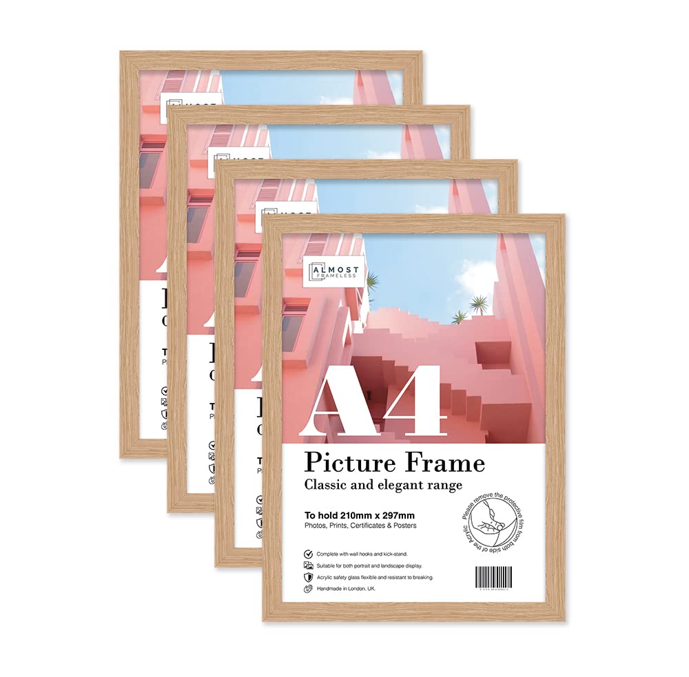 Almost Frameless A4 Oak Picture Frame Set of 4, Display A4 Picture Gallery Wall, Poster, Photo, Artwork, or Print, Oak