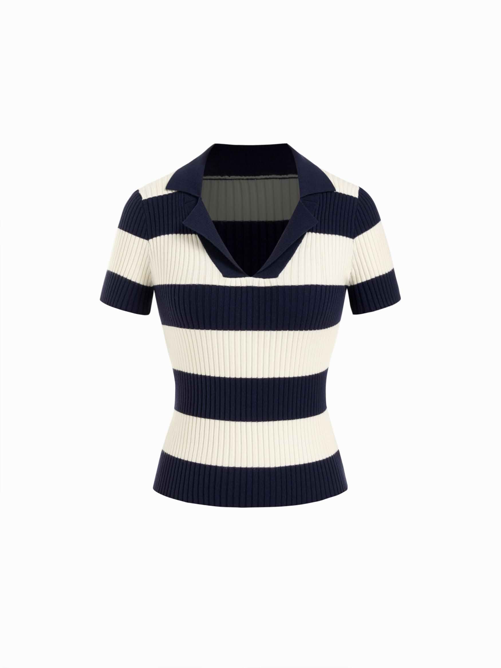 CIDER Striped Sweater Women Knit Polo Crop Top Short Sleeve Regular Fit Casual Polo Neck Striped Knitwear Short Sleeve