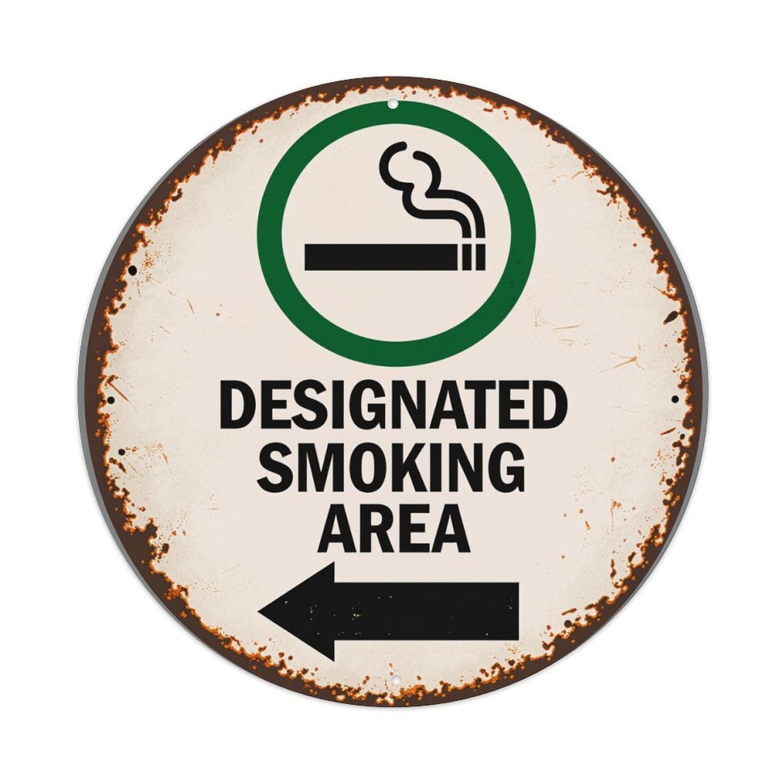 Designated Smoking Area Sign With Arrow Round Vintage Tin Sign,Retro Wall Art,Metal Poster for Home, Bar, Garage, Cafe, Rustic Indoor & Outdoor Decor, 8x8 Inches