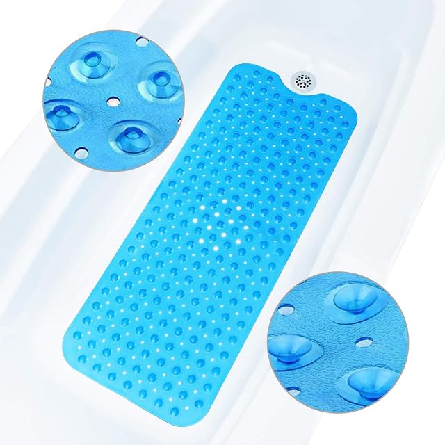 ADOV Bath Mat Non Slip, Anti-Bacterial Bathtub Shower Safety Anti Mould Mats, 200 Strong Suction Cups and Drain Holes, 100 x 40 cm Extra Long Mildew Resistant Machine Washable Bathroom Kids Mat-Blue