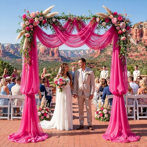 Image of Wedding Arch Draping Fabric, 1 Panel 30 inch x 20Ft Hot Pink Sheer Curtain Drapes Extra Wide & Long Backdrop Curtains for Bridal Shower Backdrop Outdoor Party Arches Church Ceremony Decoration