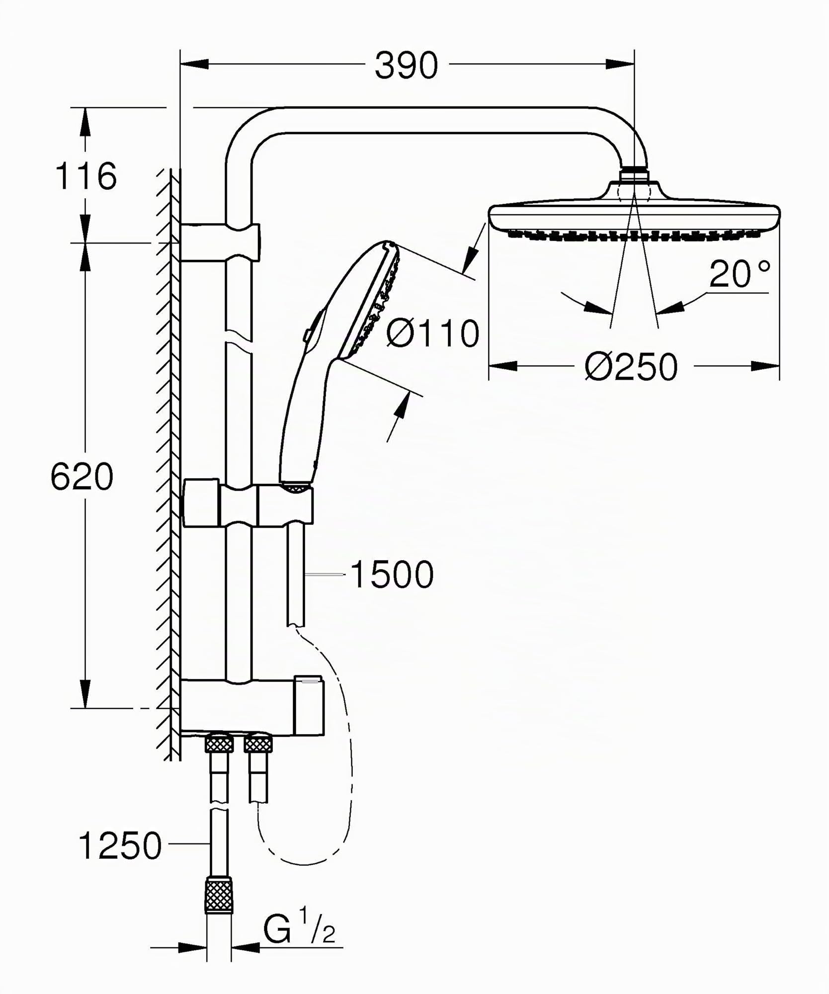 GROHE Vitalio 250, Duschset ohne Armatur, wassersparend, 8l pro Min (Regendusche für vorhandene Duscharmaturen, Duschkopf 2 Strahlarten, Duschstange 74cm, Duschsystem), rund, chrom, 26680001