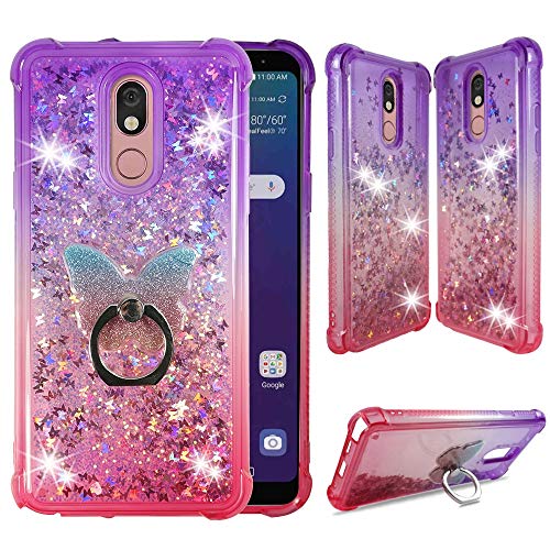 ZASE Design Case for LG Stylo 5, Stylo 5V, Stylo 5X, Stylo 5+ Liquid Glitter Bling Cute Protective Cover 3D Waterfall Butterflies Quicksand Shockproof Bumper w/Phone Ring Holder (Gradient Purple Pink)